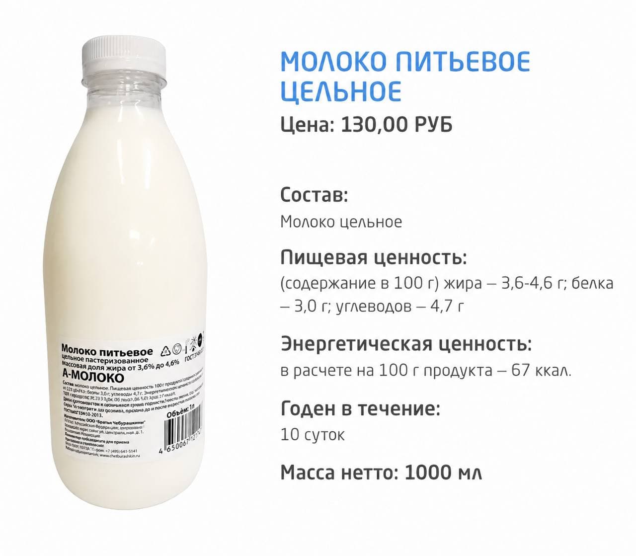 Молоко питьевое цельное мдж 3,6-4,6%